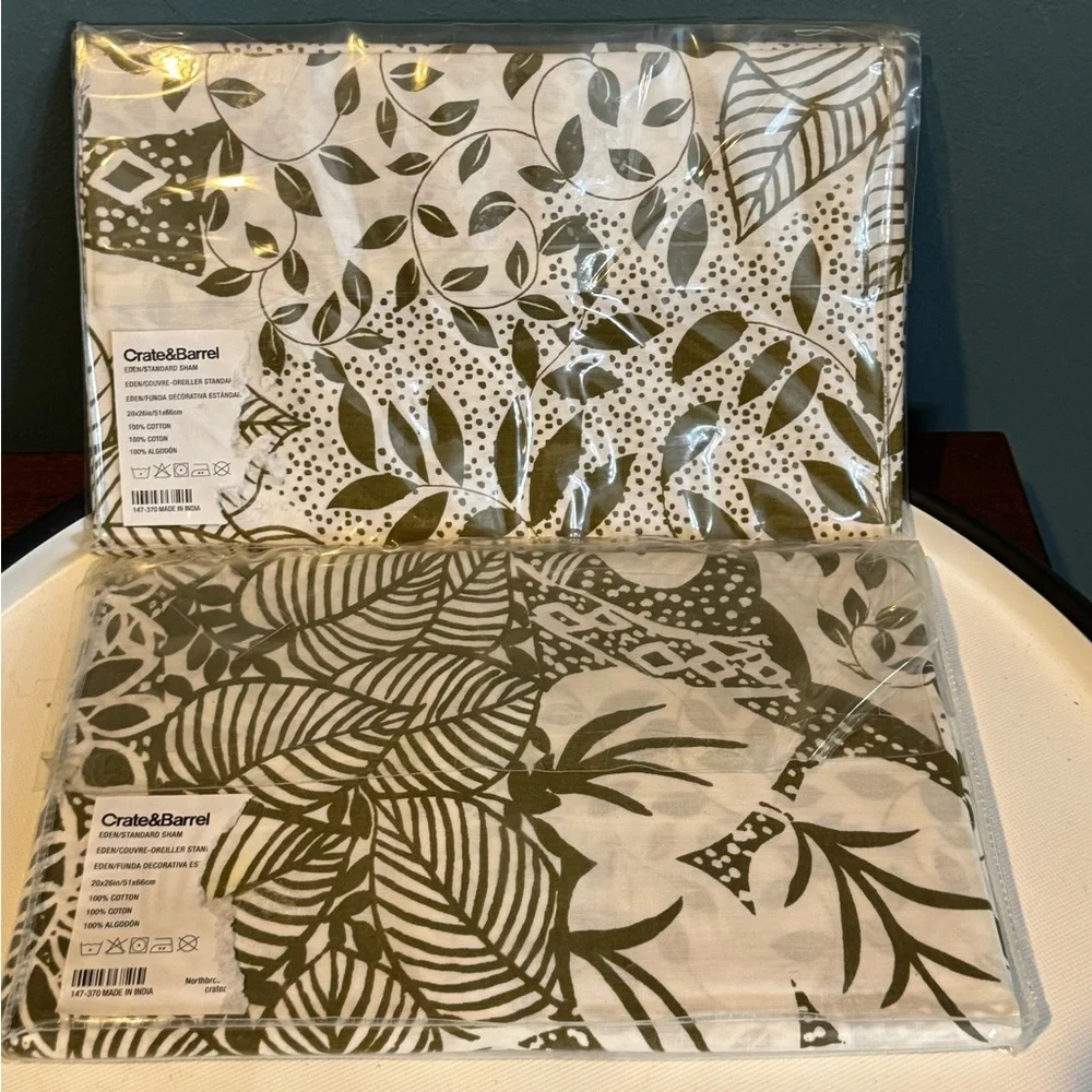 Pair of Crate & Barrel Eden Green / White Tree Leaf Pillow Standard Shams